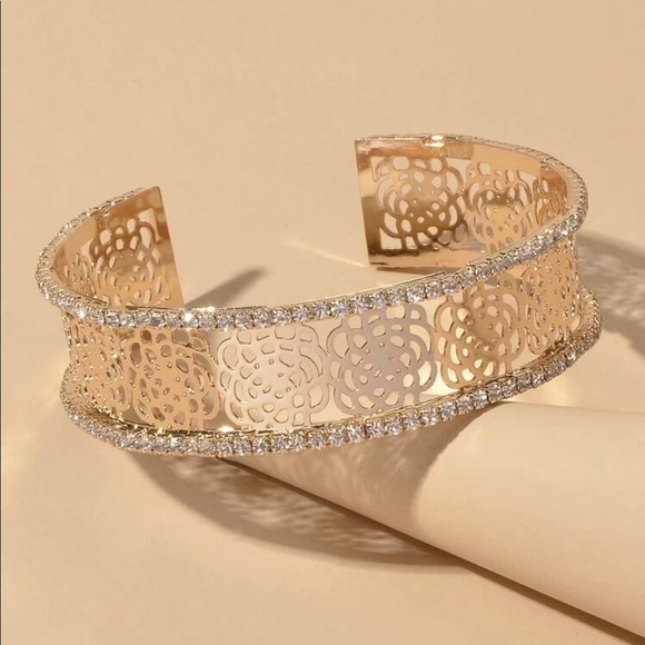 Gold Camellia Flower Rhinestone Cuff Bracelet - Picture 2 of 12